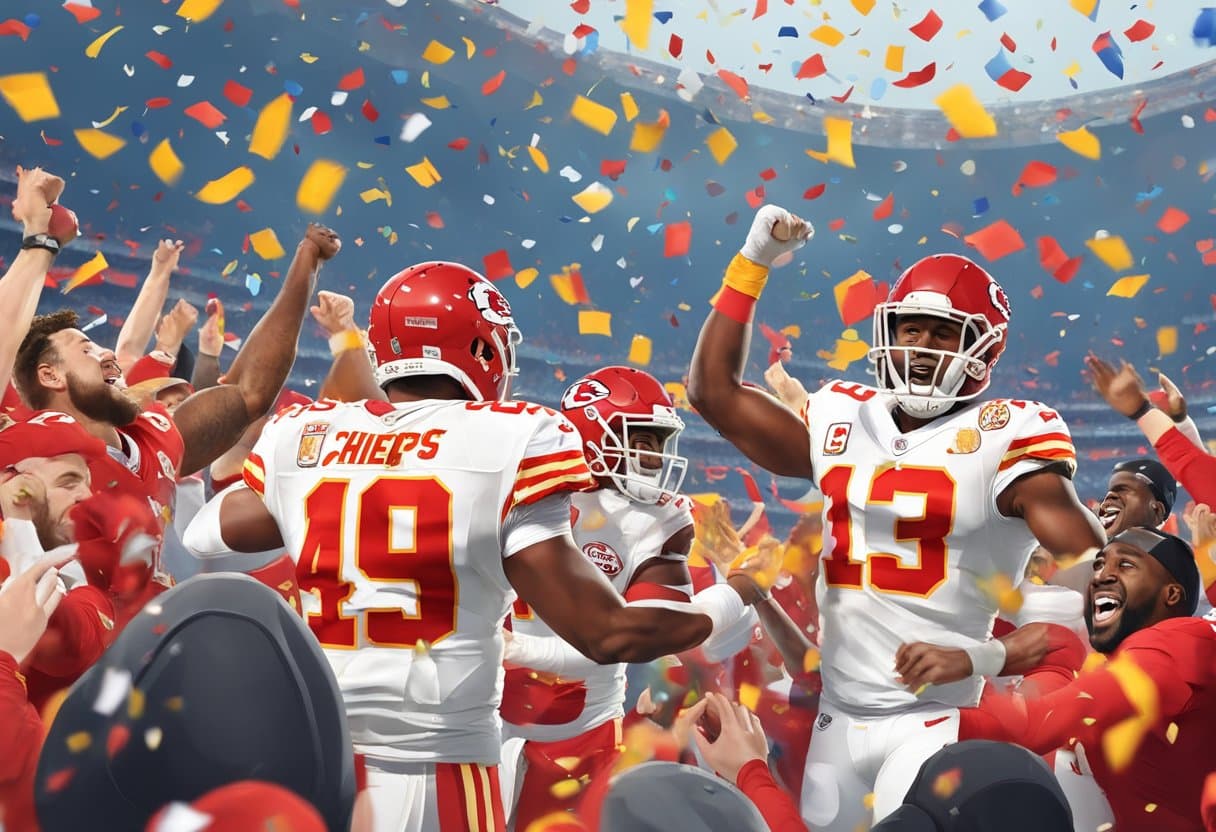 The Kansas City Chiefs celebrate their victory over the 49ers in the Super Bowl, with confetti falling and fans cheering in the stands