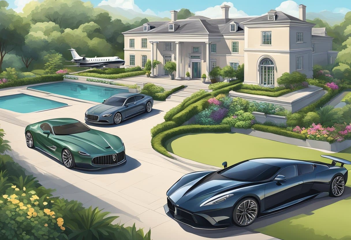 A luxurious mansion with expensive cars parked outside, surrounded by lush gardens and a private jet on the runway